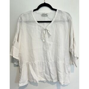 Minimal 100% Linen Bow Tie Boxy Shirt White Boho Coastal Classic Mori Girl S/M